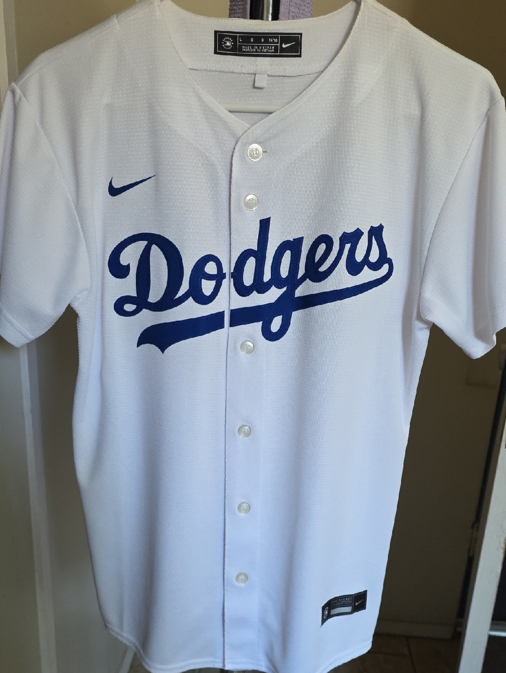 Nike White Dodgers Button Baseball Jersey with Blue Script
